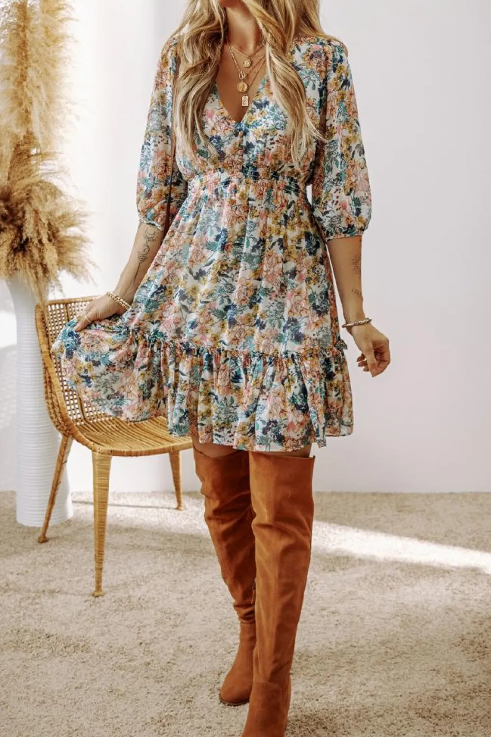 Sale Dear-Lover Floral 3/4 Sleeve V Neck High Waist Ruffled Dress Sky Blue