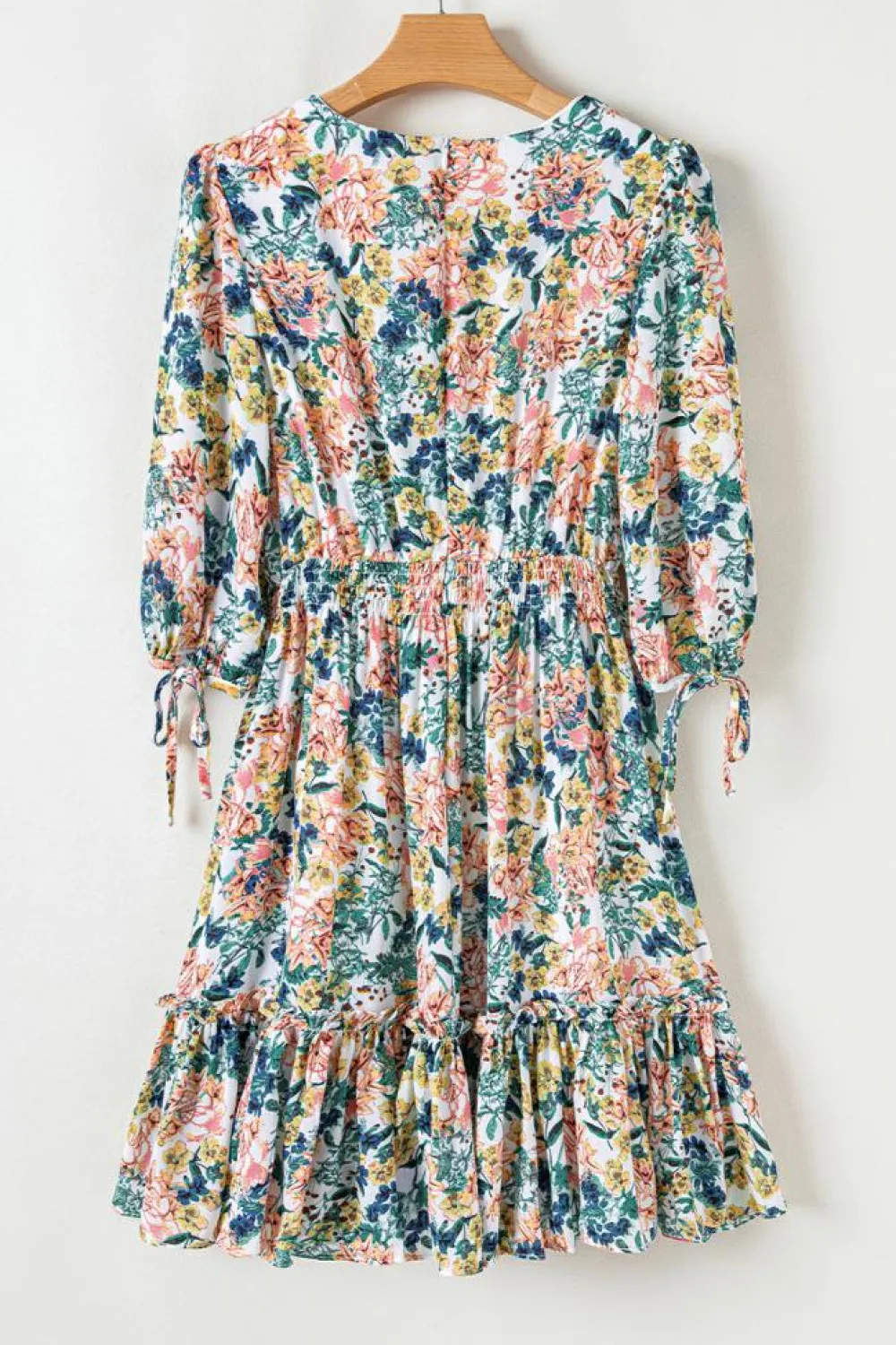 Sale Dear-Lover Floral 3/4 Sleeve V Neck High Waist Ruffled Dress Sky Blue