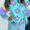 Outlet Dear-Lover Floral Color Block Long Sleeve Loose Top Sky Blue