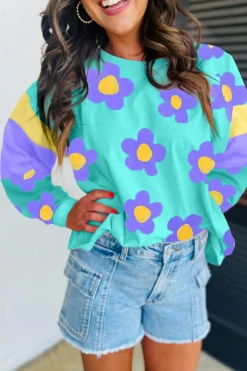 Outlet Dear-Lover Floral Color Block Long Sleeve Loose Top Sky Blue