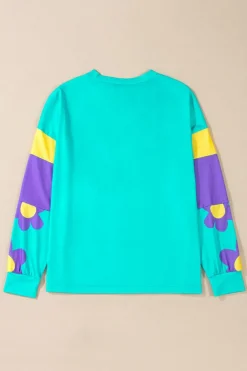 Outlet Dear-Lover Floral Color Block Long Sleeve Loose Top Sky Blue