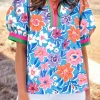 Hot Dear-Lover Floral Colorblock Edge Puff Sleeve Split Neck Blouse Sky Blue