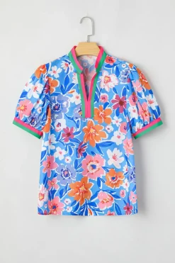 Hot Dear-Lover Floral Colorblock Edge Puff Sleeve Split Neck Blouse Sky Blue