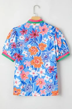 Hot Dear-Lover Floral Colorblock Edge Puff Sleeve Split Neck Blouse Sky Blue