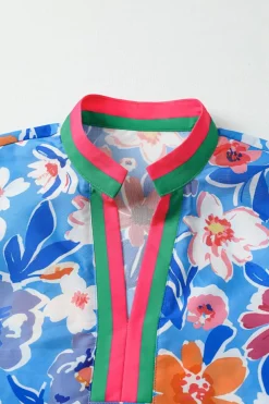 Hot Dear-Lover Floral Colorblock Edge Puff Sleeve Split Neck Blouse Sky Blue