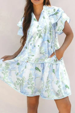 Sale Dear-Lover Floral Contrast Edge Layered Short Sleeve Mini Dress Sky Blue