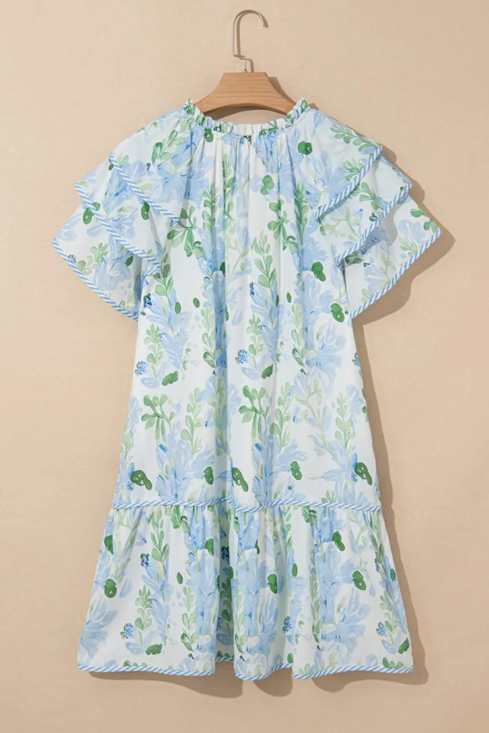 Sale Dear-Lover Floral Contrast Edge Layered Short Sleeve Mini Dress Sky Blue