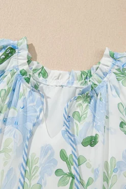 Sale Dear-Lover Floral Contrast Edge Layered Short Sleeve Mini Dress Sky Blue