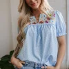 Discount Dear-Lover Floral Embroidered Puff Sleeve Notched V Neck Blouse Sky Blue
