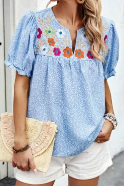Discount Dear-Lover Floral Embroidered Puff Sleeve Notched V Neck Blouse Sky Blue