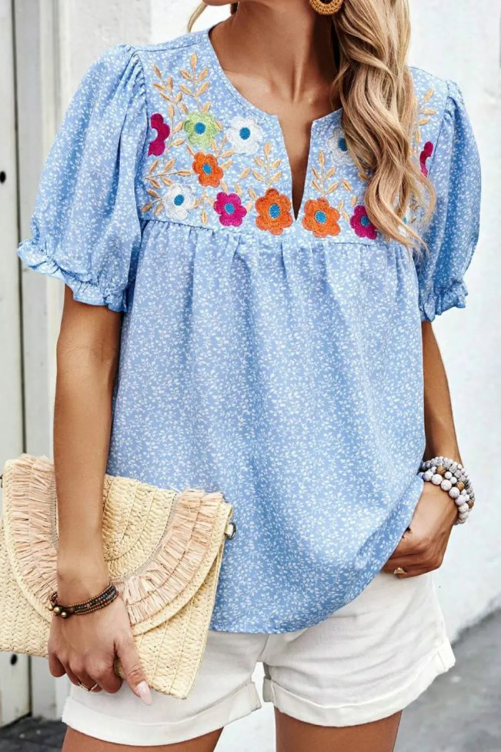 Discount Dear-Lover Floral Embroidered Puff Sleeve Notched V Neck Blouse Sky Blue