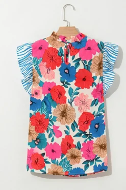 Online Dear-Lover Floral Mock Neck Striped Flutter Sleeve Blouse Sky Blue