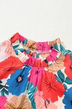Online Dear-Lover Floral Mock Neck Striped Flutter Sleeve Blouse Sky Blue