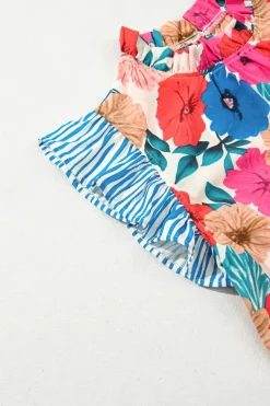 Online Dear-Lover Floral Mock Neck Striped Flutter Sleeve Blouse Sky Blue