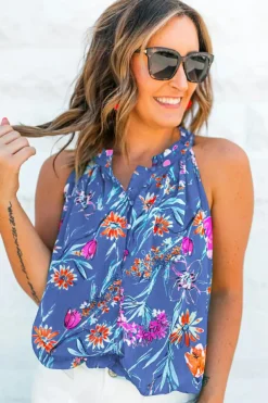 Hot Dear-Lover Floral Print Buttoned Neckline Tank Top Sky Blue