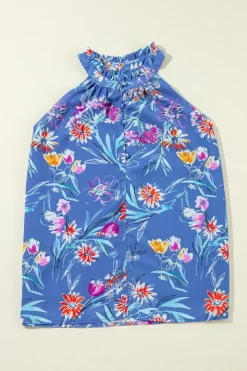 Hot Dear-Lover Floral Print Buttoned Neckline Tank Top Sky Blue