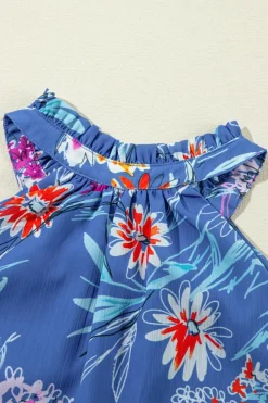 Hot Dear-Lover Floral Print Buttoned Neckline Tank Top Sky Blue