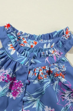 Hot Dear-Lover Floral Print Buttoned Neckline Tank Top Sky Blue