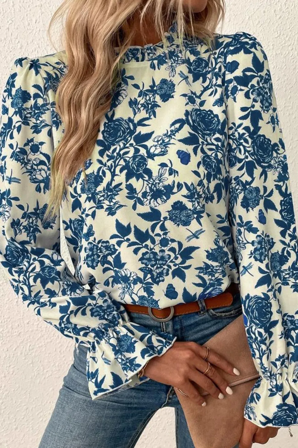 New Dear-Lover Floral Print Flounce Sleeve Keyhole Back Blouse Sky Blue