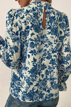New Dear-Lover Floral Print Flounce Sleeve Keyhole Back Blouse Sky Blue