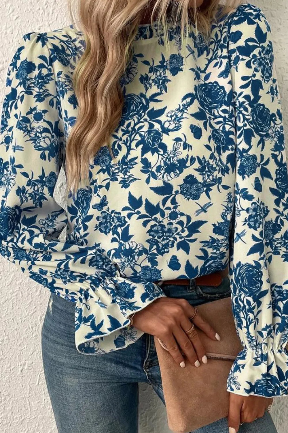 New Dear-Lover Floral Print Flounce Sleeve Keyhole Back Blouse Sky Blue