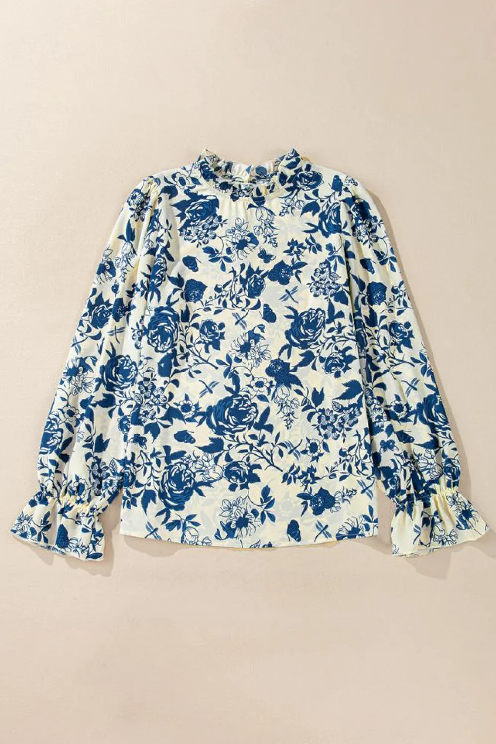 New Dear-Lover Floral Print Flounce Sleeve Keyhole Back Blouse Sky Blue
