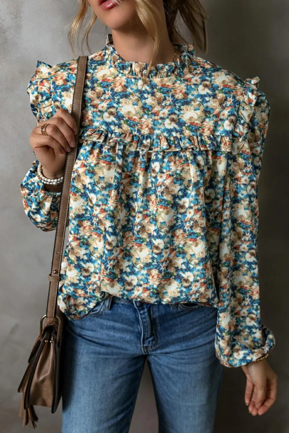 Clearance Dear-Lover Floral Print Frilled Mock Neck Puff Sleeve Blouse Sky Blue