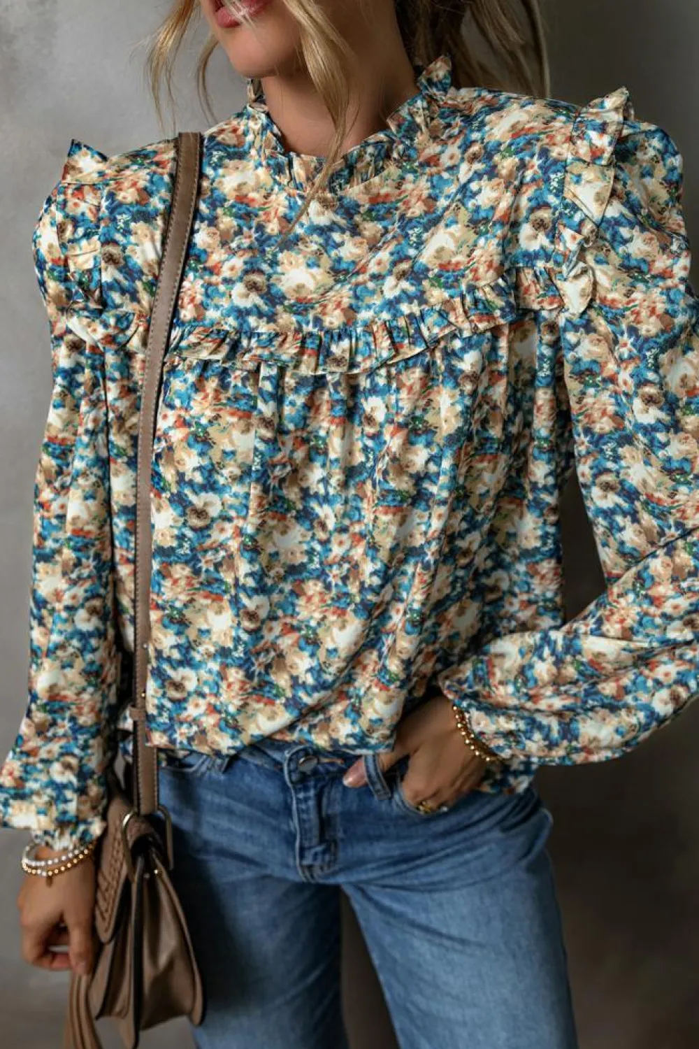 Clearance Dear-Lover Floral Print Frilled Mock Neck Puff Sleeve Blouse Sky Blue