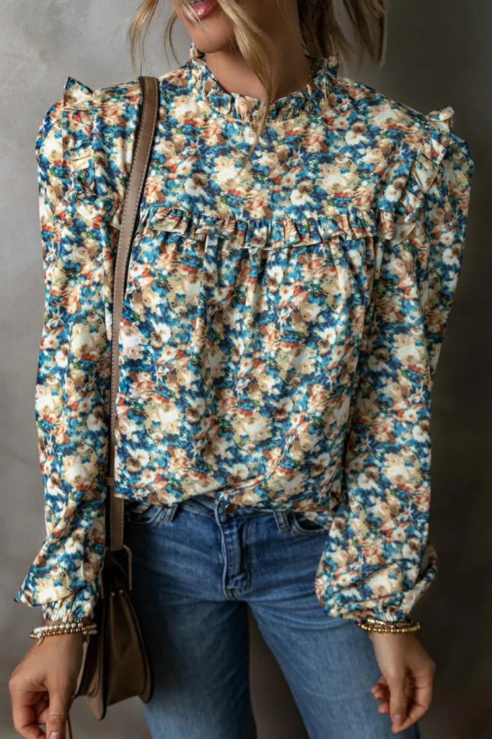 Clearance Dear-Lover Floral Print Frilled Mock Neck Puff Sleeve Blouse Sky Blue