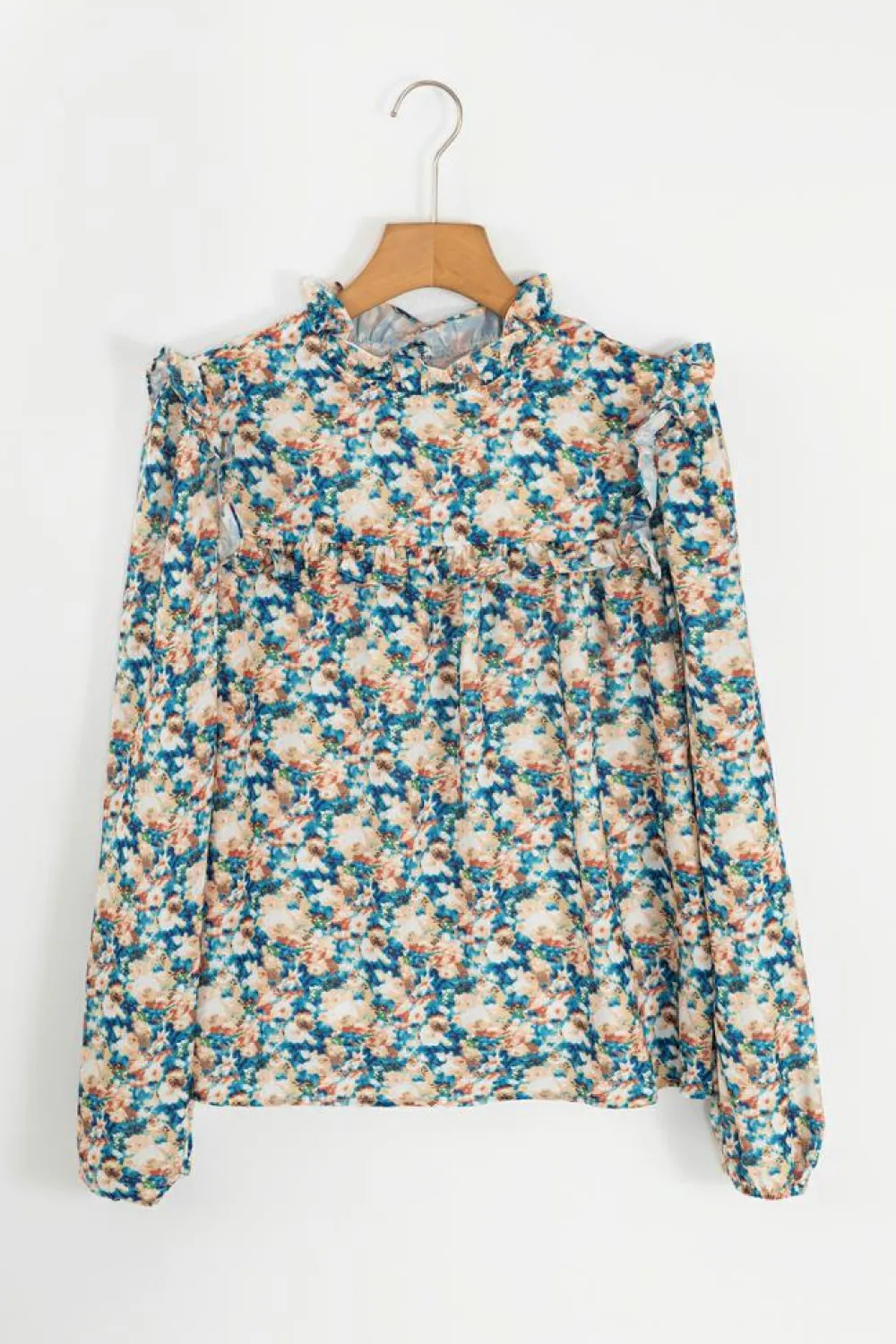 Clearance Dear-Lover Floral Print Frilled Mock Neck Puff Sleeve Blouse Sky Blue