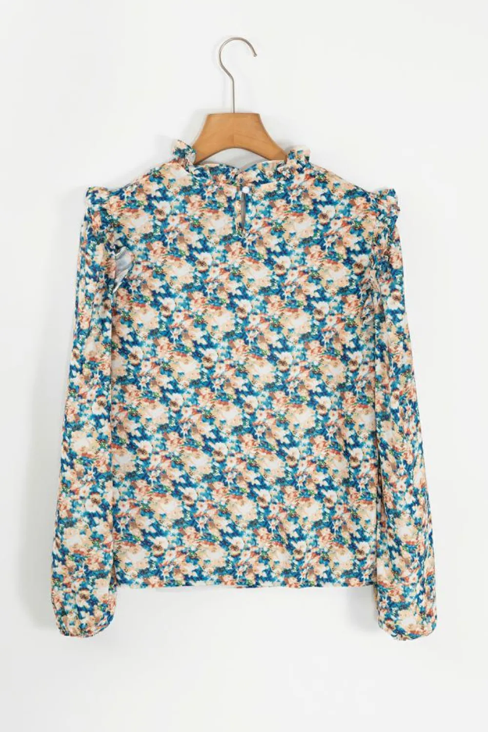Clearance Dear-Lover Floral Print Frilled Mock Neck Puff Sleeve Blouse Sky Blue