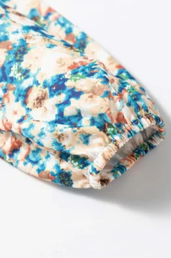 Clearance Dear-Lover Floral Print Frilled Mock Neck Puff Sleeve Blouse Sky Blue