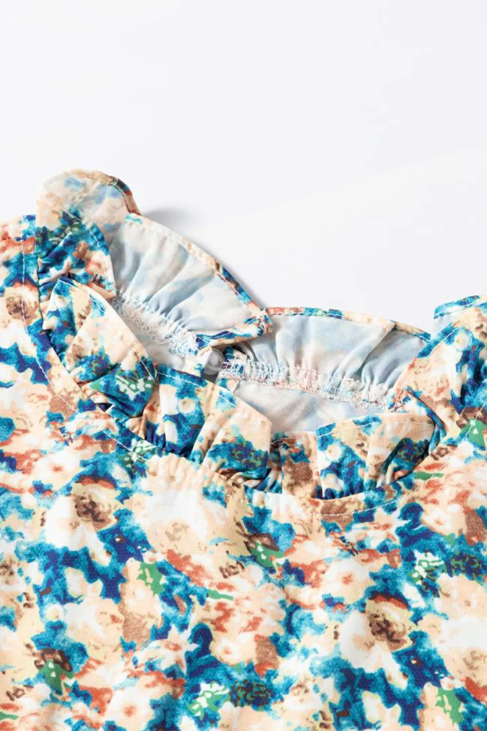 Clearance Dear-Lover Floral Print Frilled Mock Neck Puff Sleeve Blouse Sky Blue