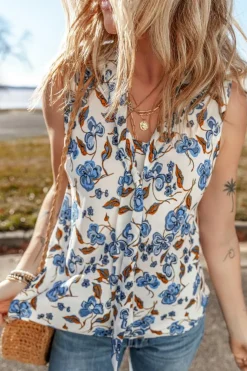 Discount Dear-Lover Floral Print Knotted V Neck Elegant Tank Top Sky Blue