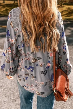 Best Dear-Lover Floral Print Lace Patchwork Knot Front V Neck Blouse Sky Blue