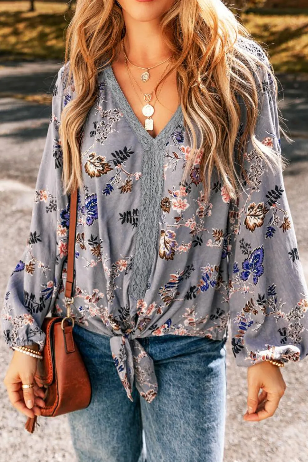 Best Dear-Lover Floral Print Lace Patchwork Knot Front V Neck Blouse Sky Blue
