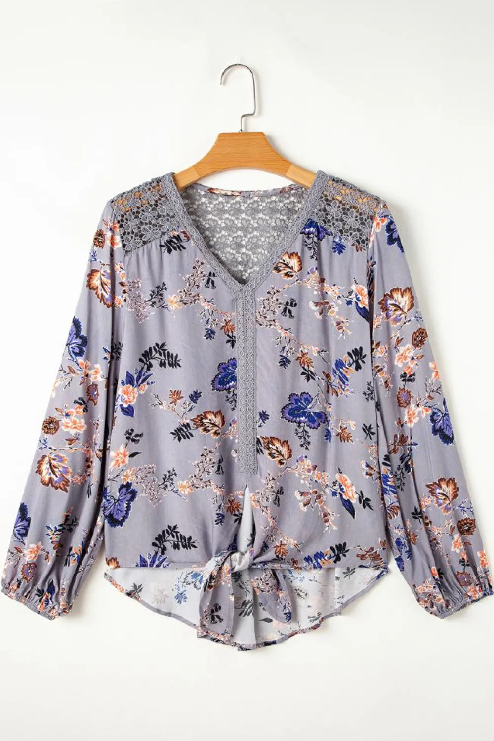 Best Dear-Lover Floral Print Lace Patchwork Knot Front V Neck Blouse Sky Blue
