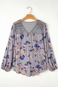 Best Dear-Lover Floral Print Lace Patchwork Knot Front V Neck Blouse Sky Blue