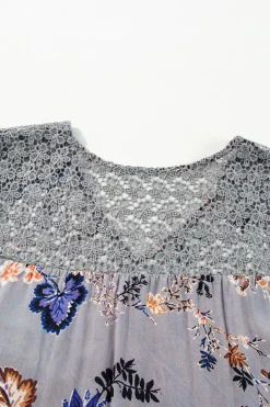 Best Dear-Lover Floral Print Lace Patchwork Knot Front V Neck Blouse Sky Blue