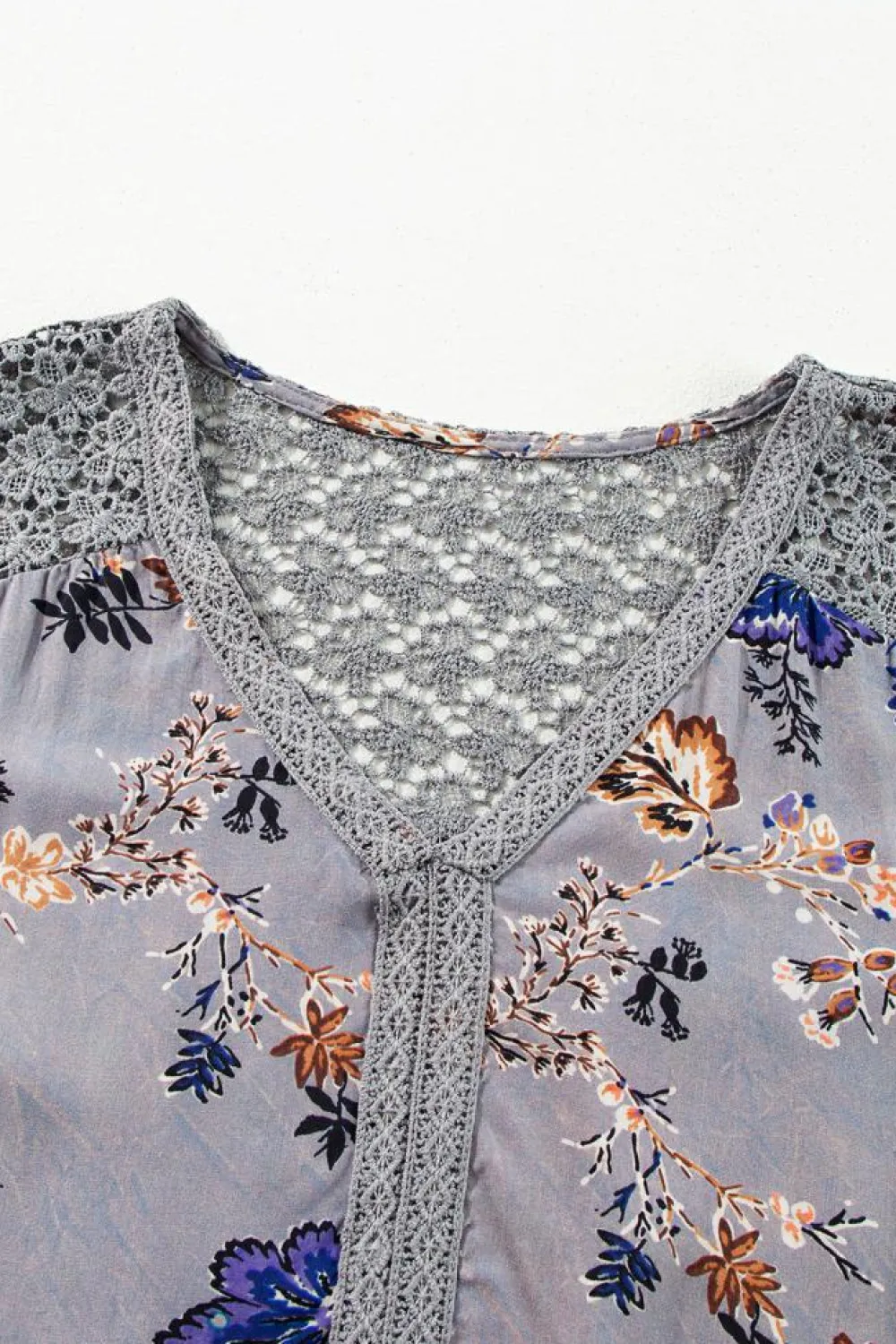 Best Dear-Lover Floral Print Lace Patchwork Knot Front V Neck Blouse Sky Blue