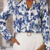 Hot Dear-Lover Floral Print Notched Neck Elegant Blouse Sky Blue