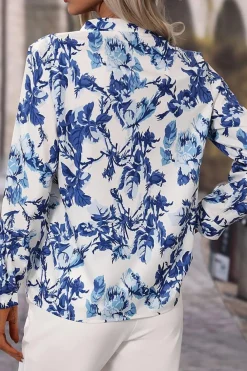 Hot Dear-Lover Floral Print Notched Neck Elegant Blouse Sky Blue