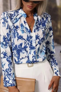 Hot Dear-Lover Floral Print Notched Neck Elegant Blouse Sky Blue