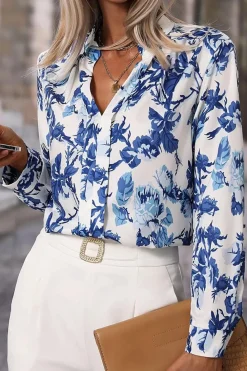 Hot Dear-Lover Floral Print Notched Neck Elegant Blouse Sky Blue