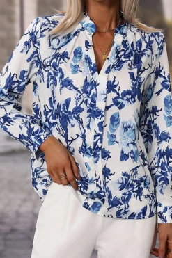 Hot Dear-Lover Floral Print Notched Neck Elegant Blouse Sky Blue