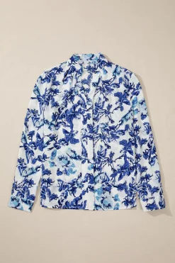 Hot Dear-Lover Floral Print Notched Neck Elegant Blouse Sky Blue