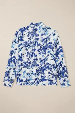 Hot Dear-Lover Floral Print Notched Neck Elegant Blouse Sky Blue