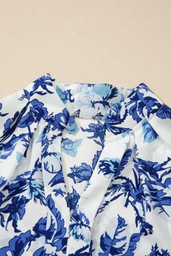 Hot Dear-Lover Floral Print Notched Neck Elegant Blouse Sky Blue