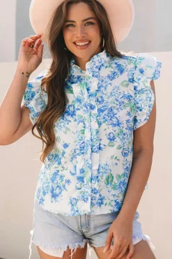 Fashion Dear-Lover Floral Print Ruffle Sleeve Frilly Button Up Shirt Sky Blue