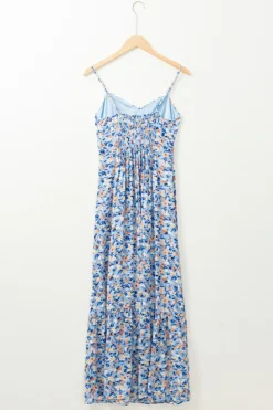 Hot Dear-Lover Floral Print Ruffled Ruched Maxi Dress Sky Blue